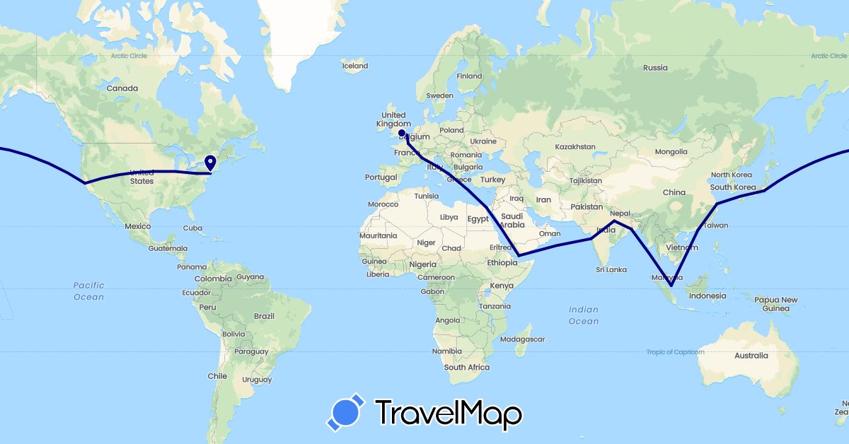 TravelMap itinerary: driving in China, Egypt, France, United Kingdom, India, Italy, Japan, Singapore, United States, Yemen (Africa, Asia, Europe, North America)